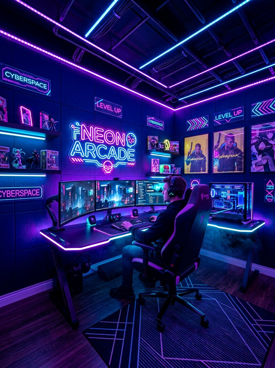 Neon Light Gaming Room - 30 game room ideas