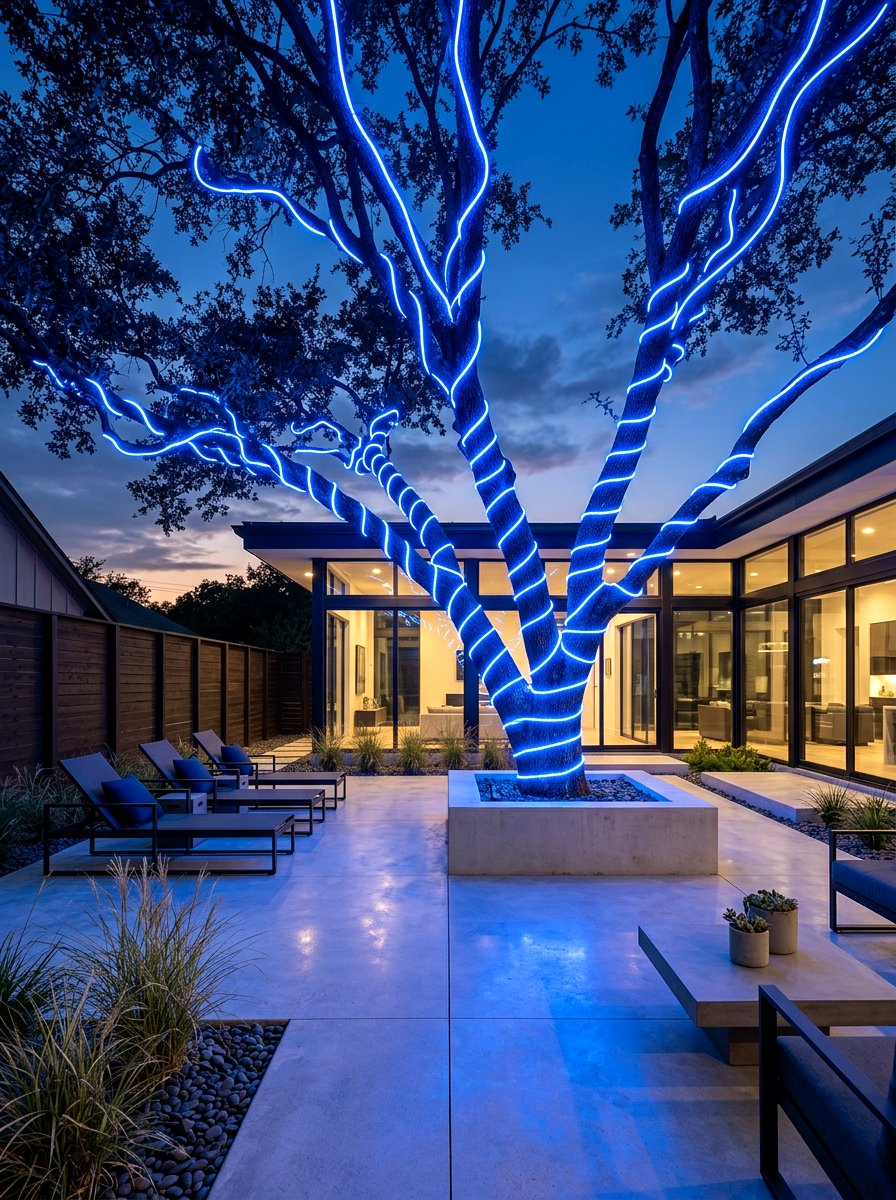 Neon Rope Tree Wrap - 30 tree lighting ideas