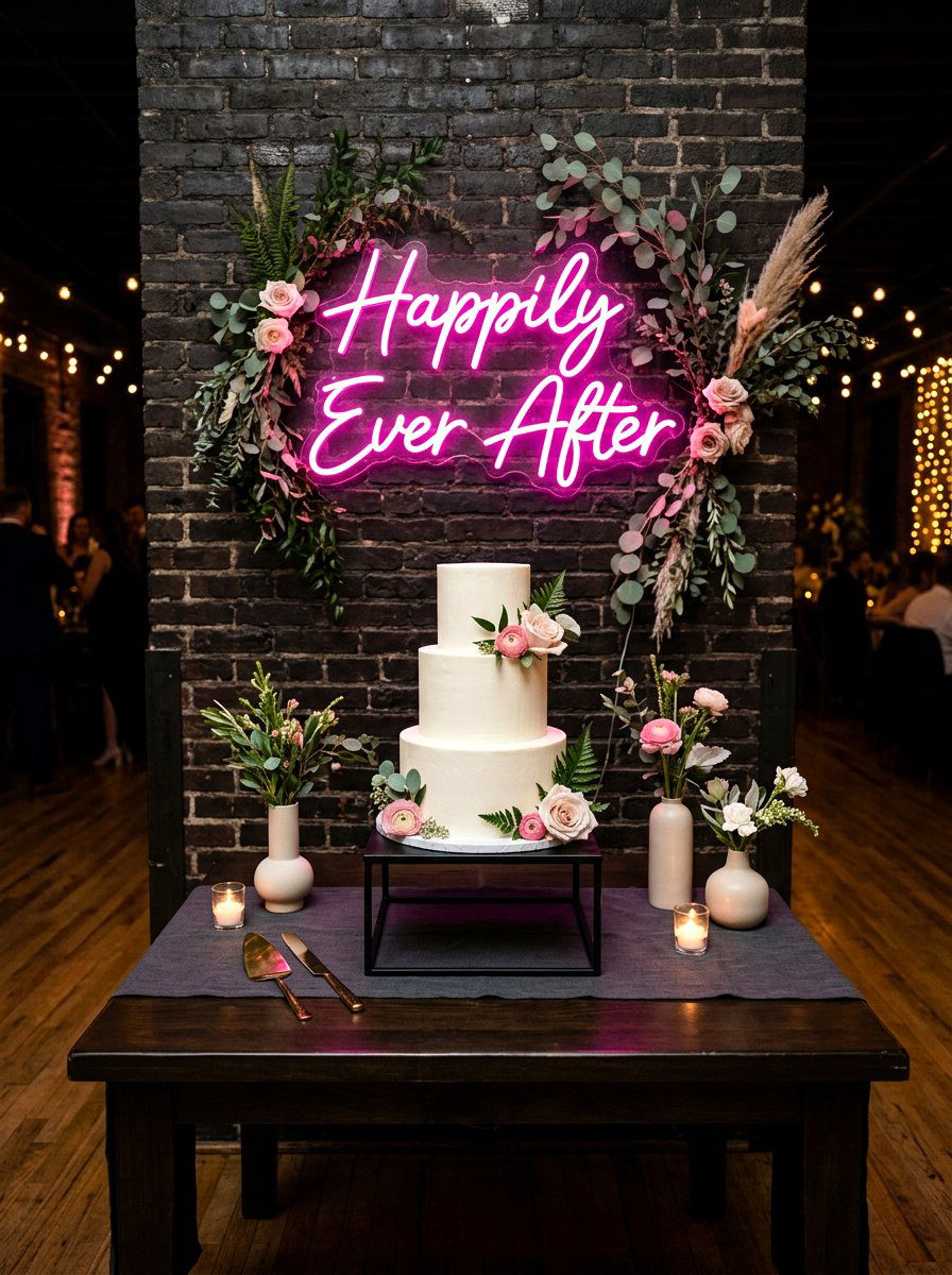 Neon Sign Backdrop - 30 cake table decor ideas