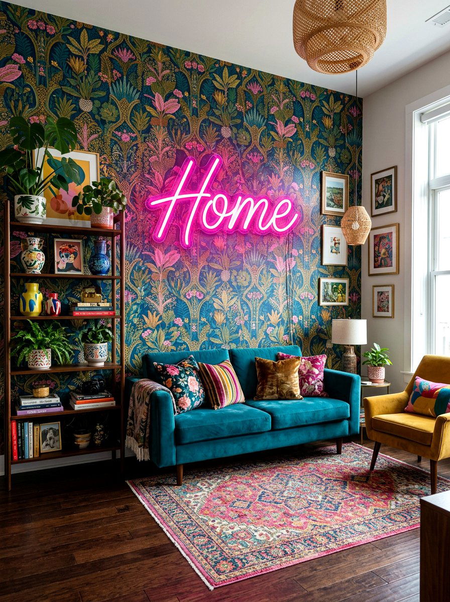 Neon Sign Wall Decor - 30 playful maximalist living room ideas