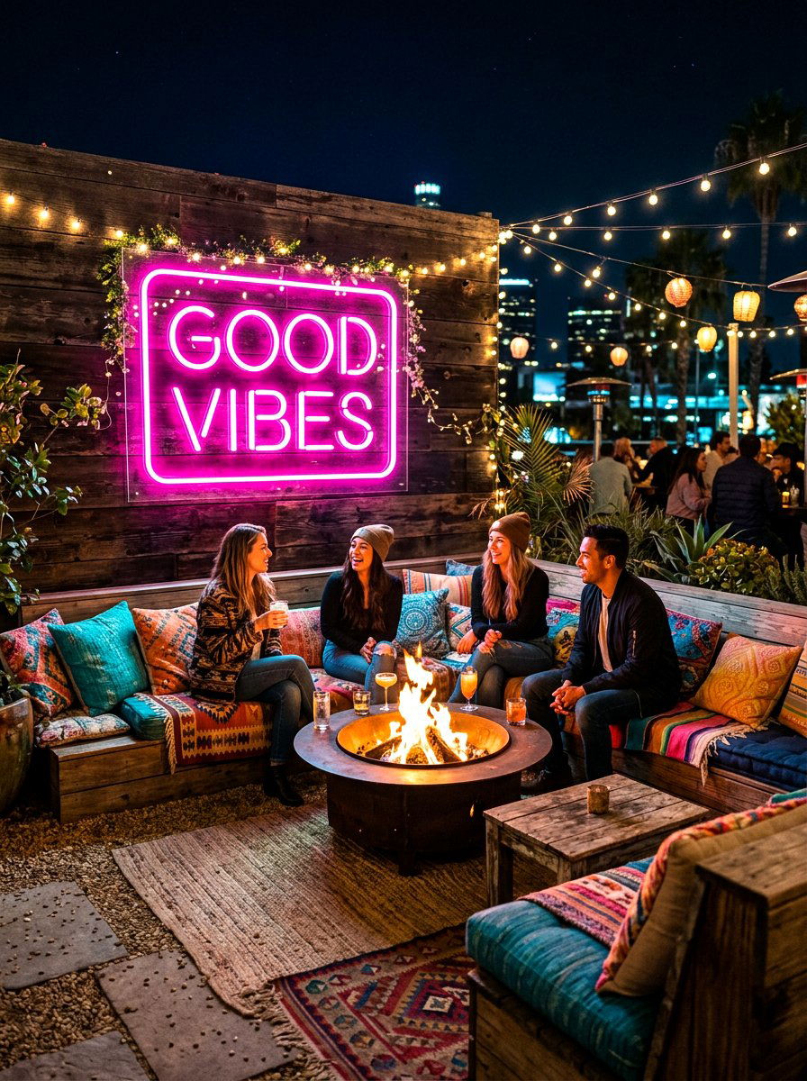 Neon Signs Fire Pit Lounge - 30 fire pit lighting ideas
