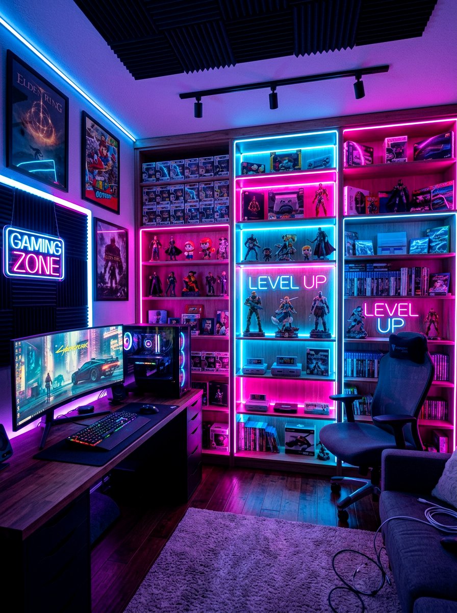Neon Strip Bookshelf - 30 bookshelf lighting ideas