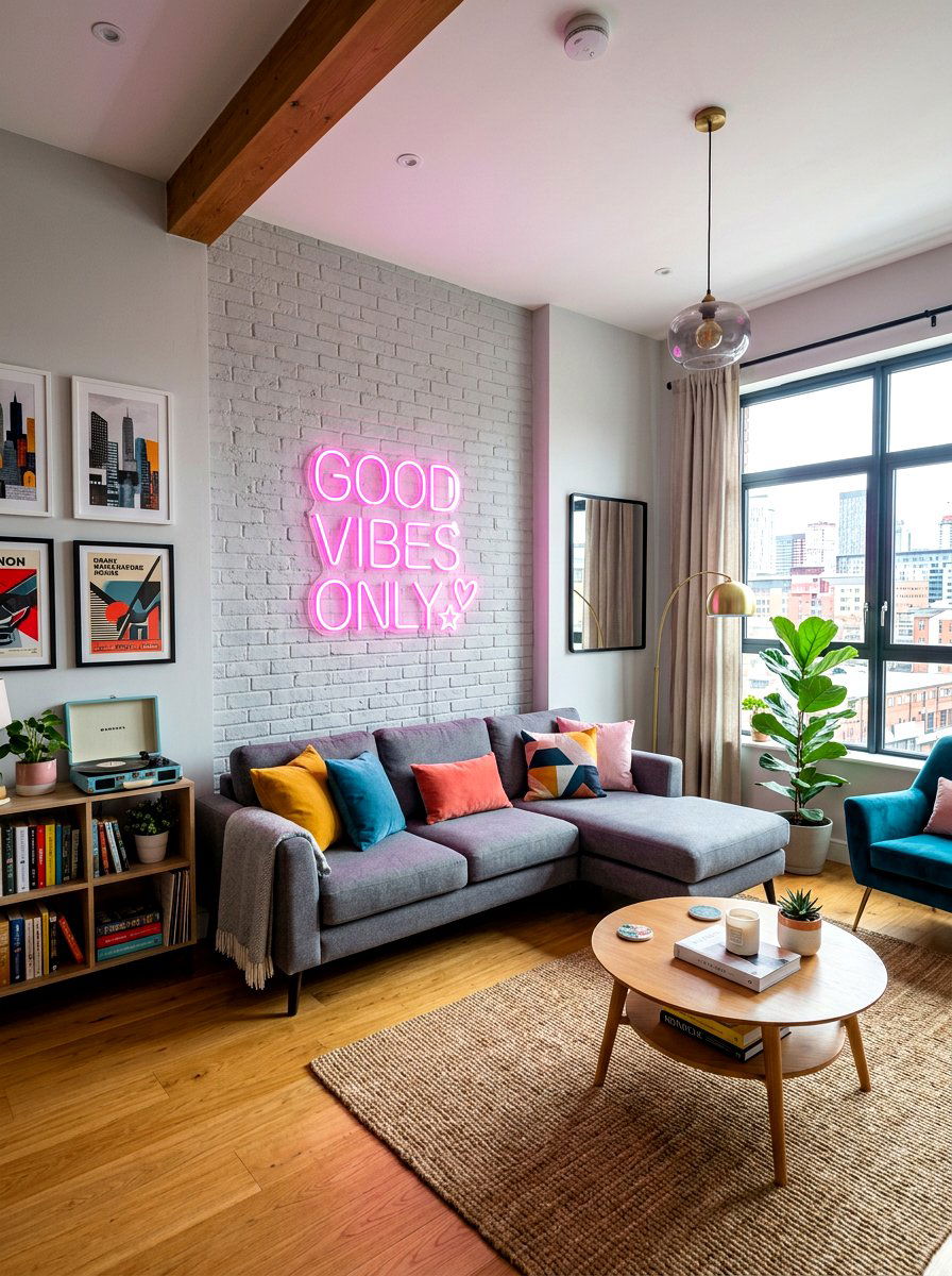 Neon Wall Sign - 30 no overhead light living room ideas