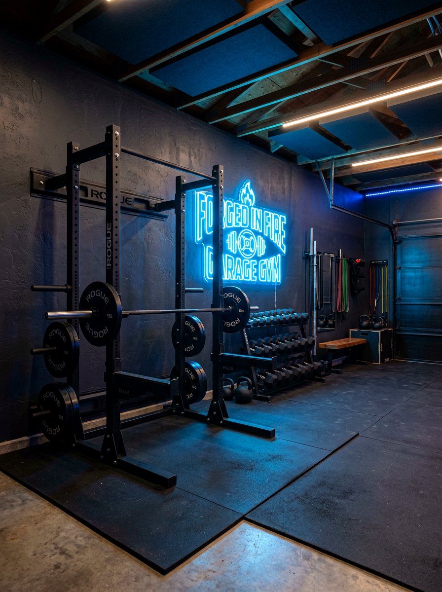 Neon gym wall sign - 30 garage gym ideas