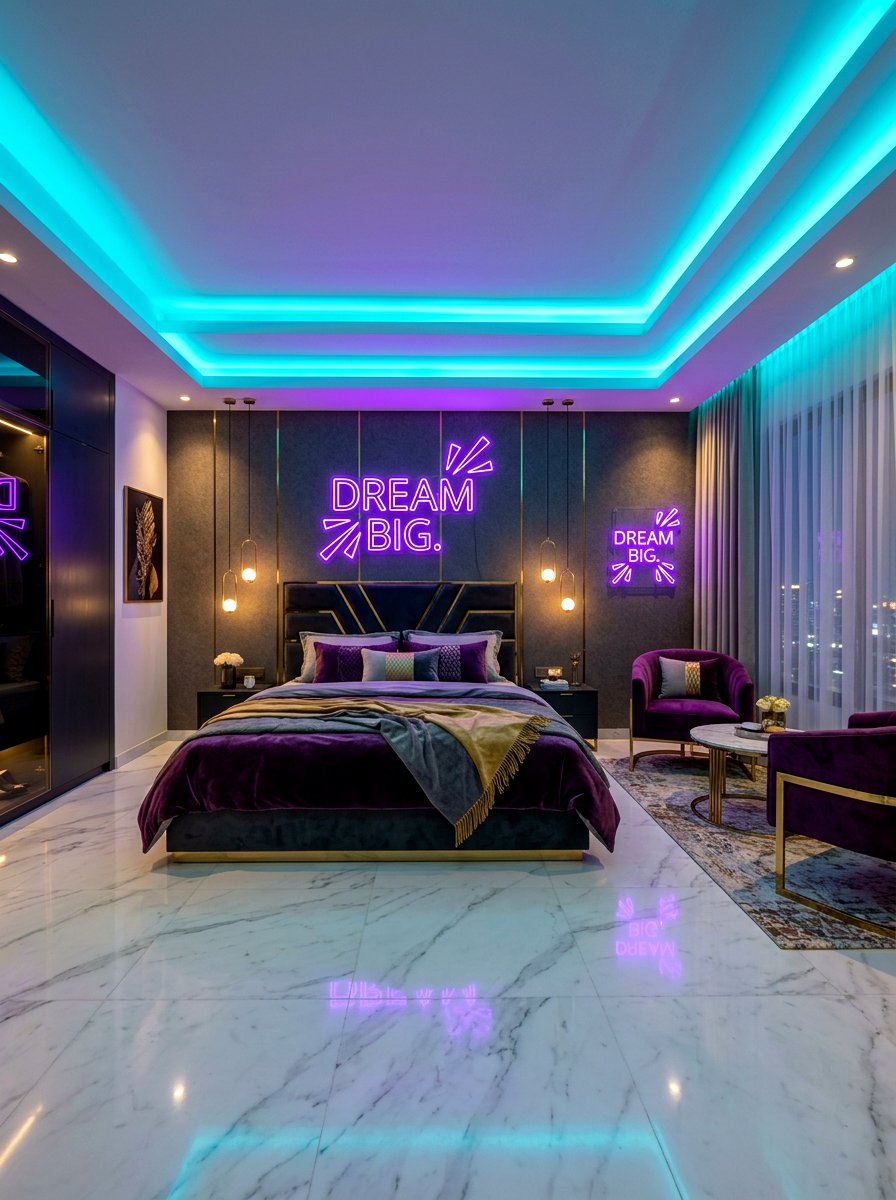 Neon light luxury bedroom layout - 30 futuristic glam bedroom ideas