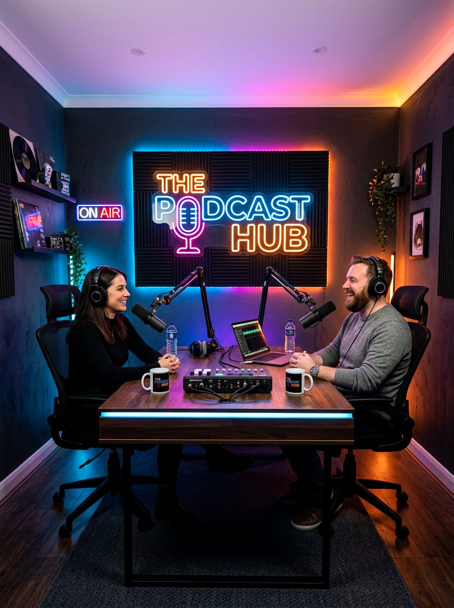 Neon light podcast setup - 30 podcast room ideas