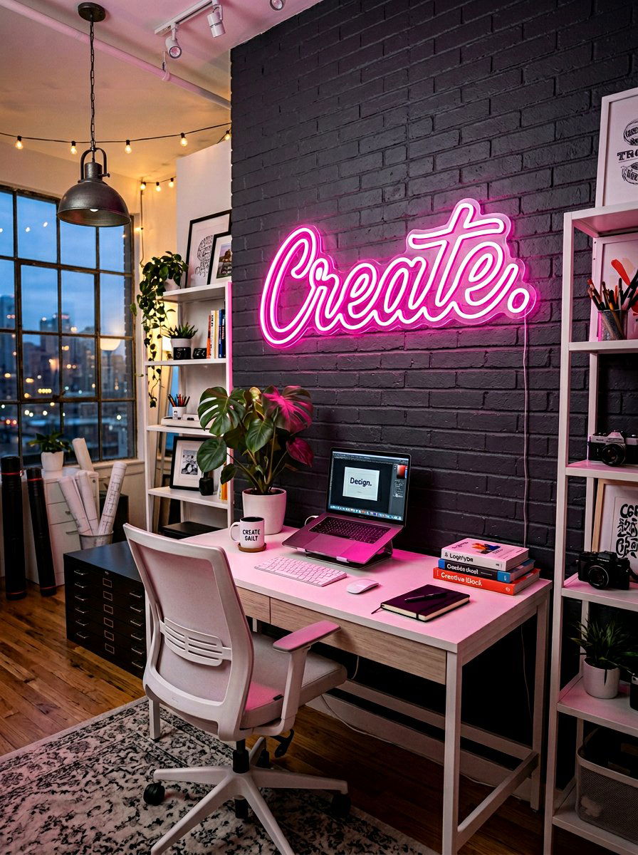 Neon light wall - 30 feminine home studio ideas