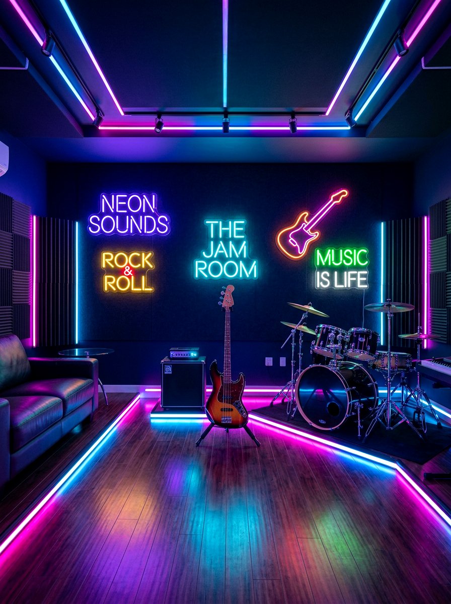 Neon music room lighting - 30 music practice room ideas
