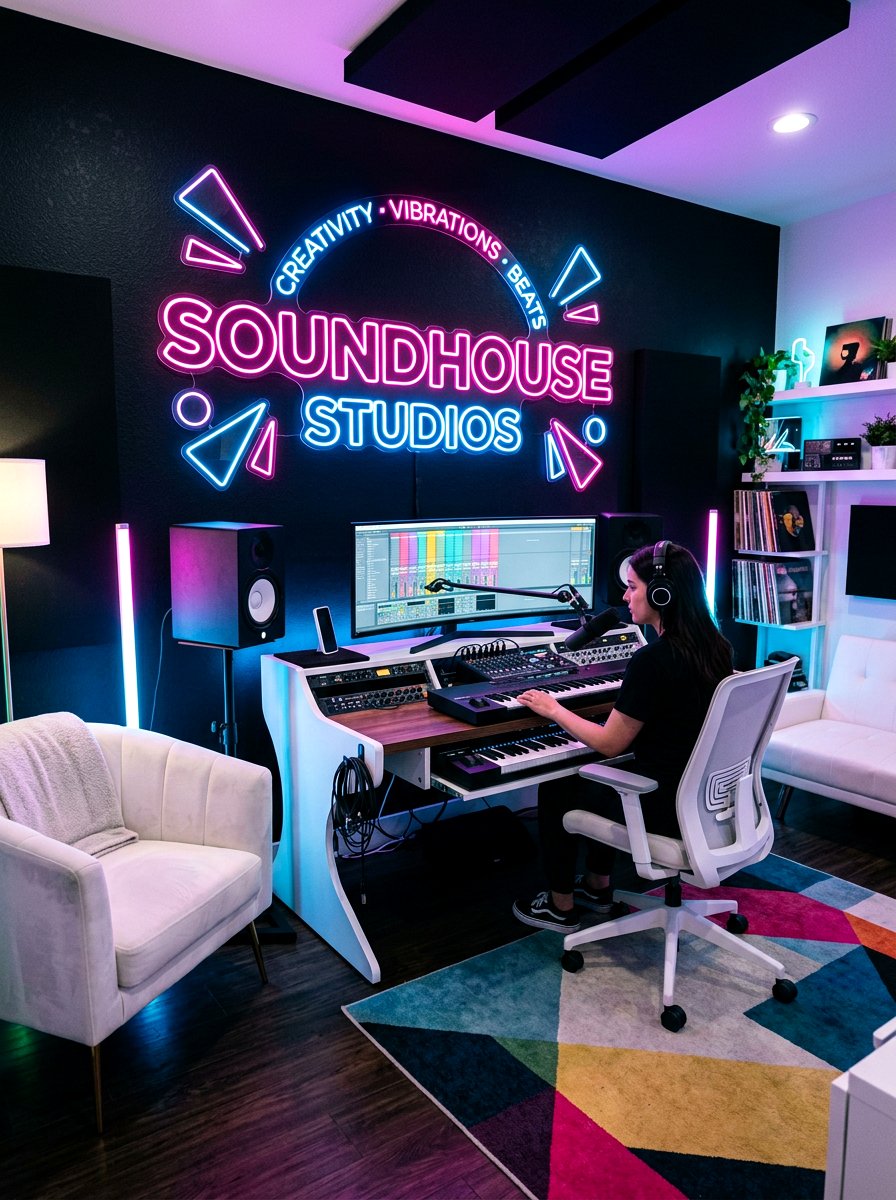 Neon music studio - 30 music room ideas
