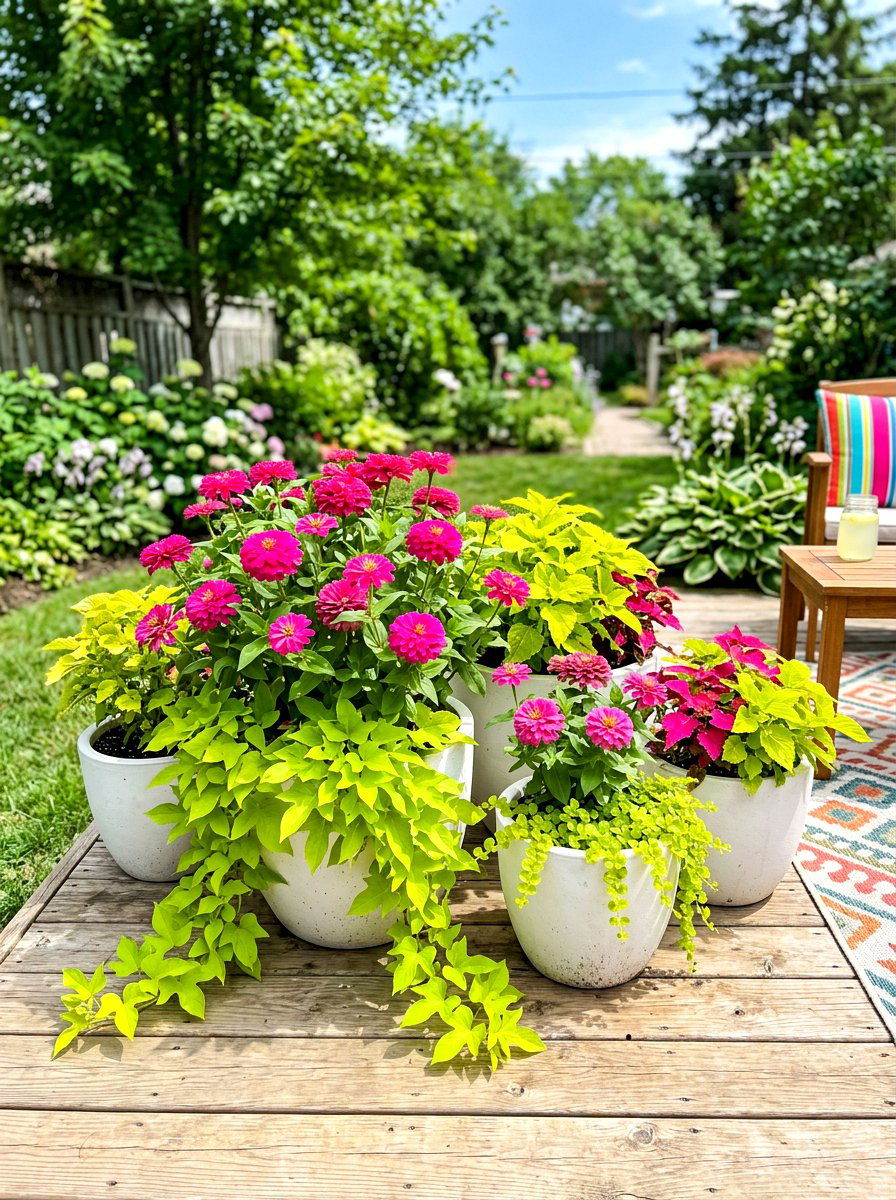 Neon pink and chartreuse container garden - 30 container garden color ideas