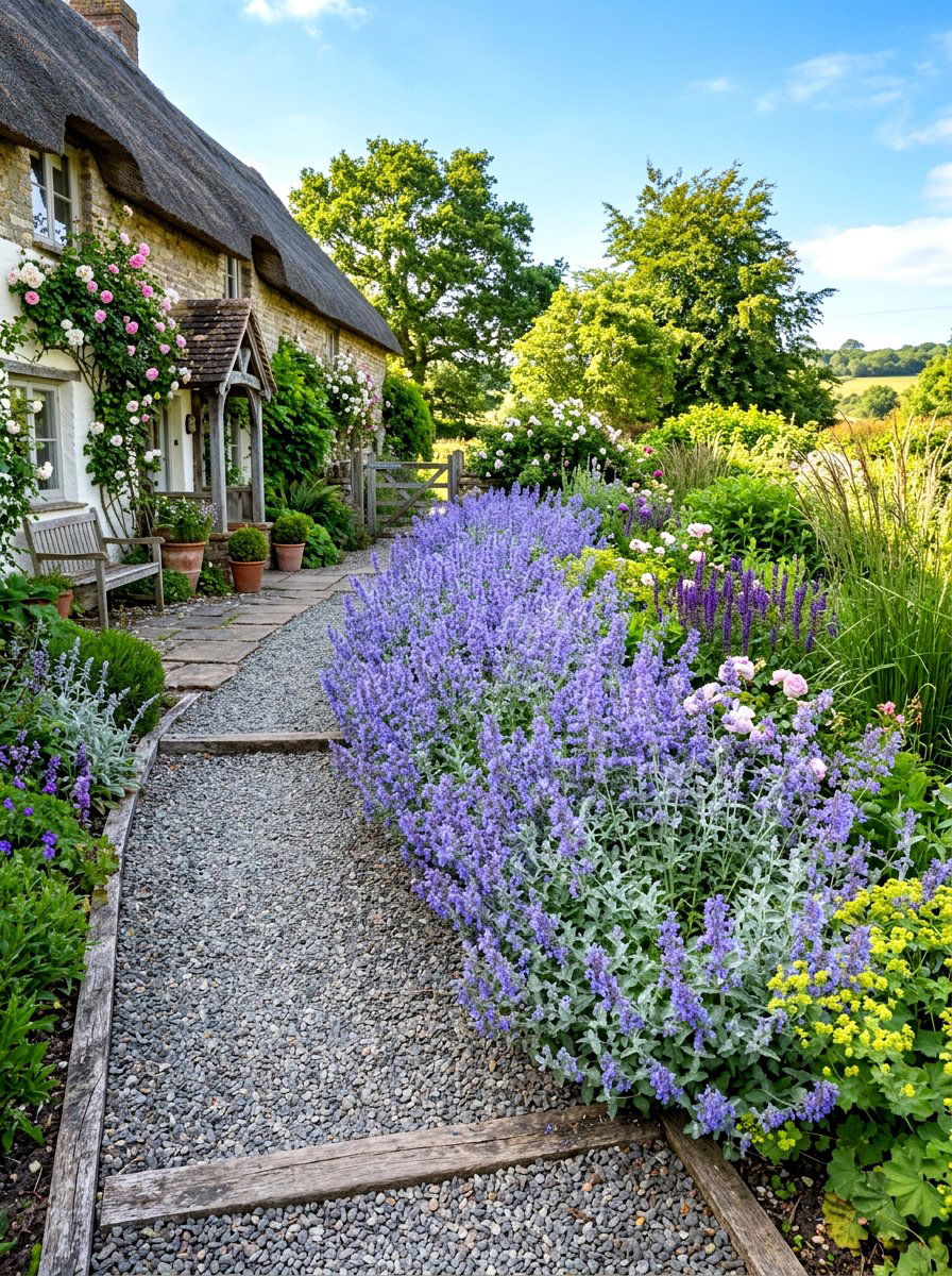 Nepeta blue flower border - 30 walkway border planting ideas