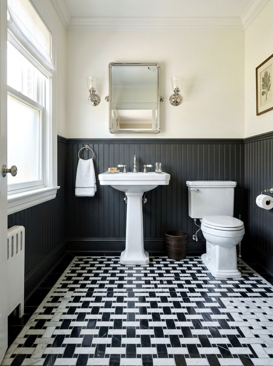 Nero Marquina Basketweave Floor - 30 marble mosaic bathroom ideas