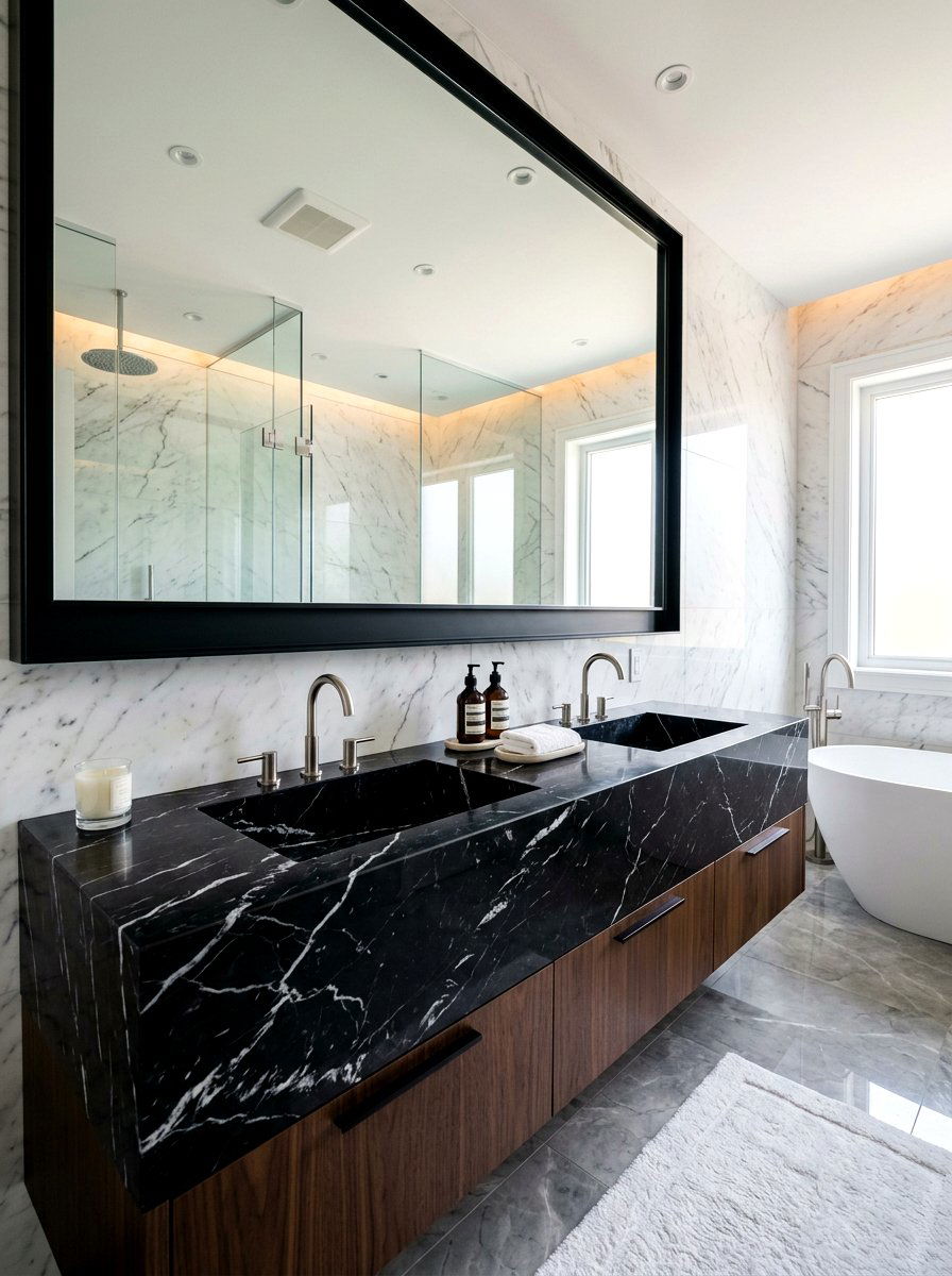 Nero Marquina Marble Vanity - 30 integrated stone vanity ideas