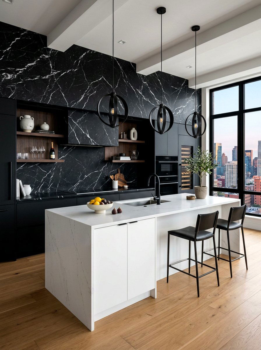 Nero Marquina Marble Wall - 30 full slab stone wall kitchen ideas
