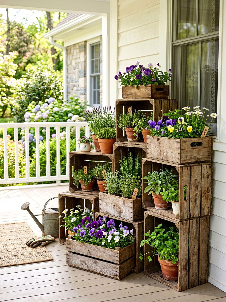 Nested wooden crates for plants - 30 spring porch layering ideas