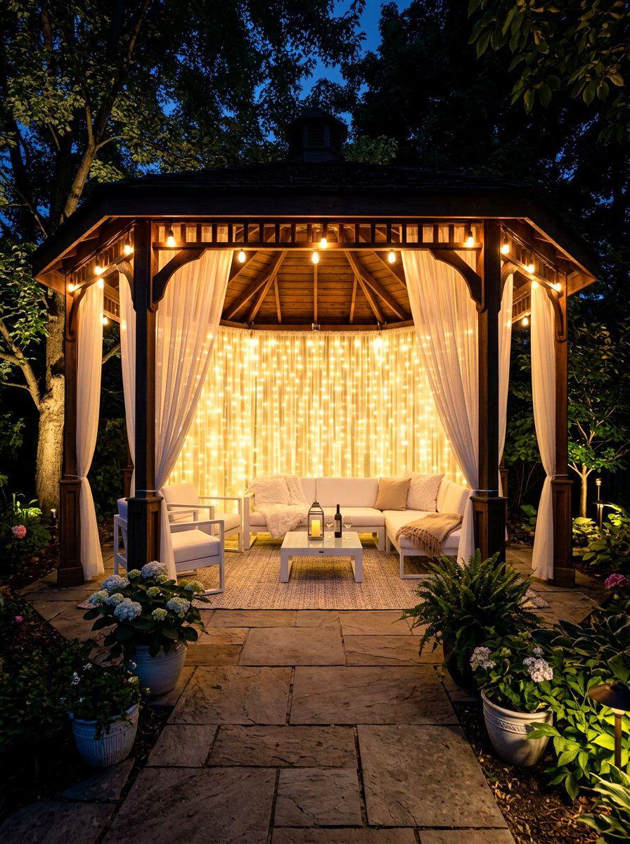 Net Lights As Gazebo Wall Backdrop - 30 gazebo curtain lighting ideas