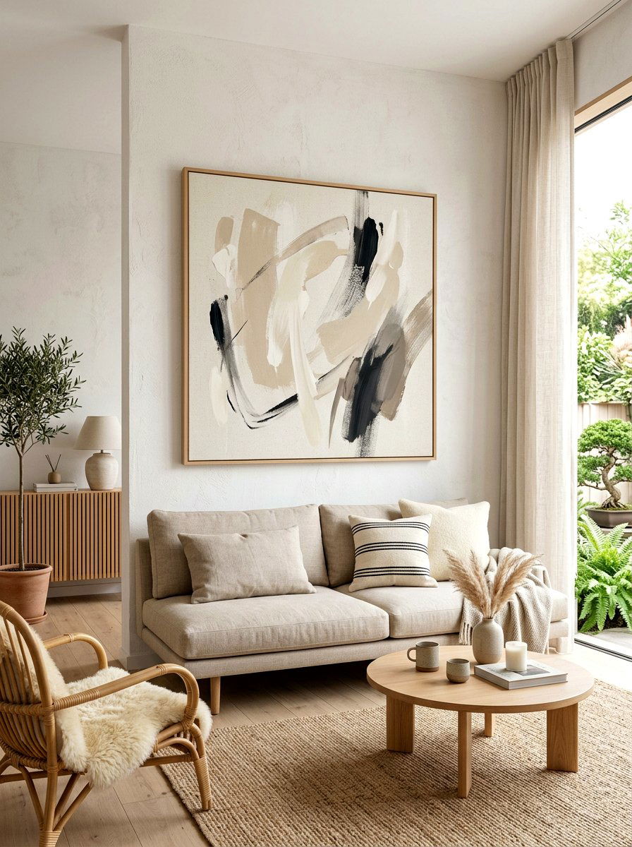 Neutral Abstract Wall Art - 30 Japandi living room ideas