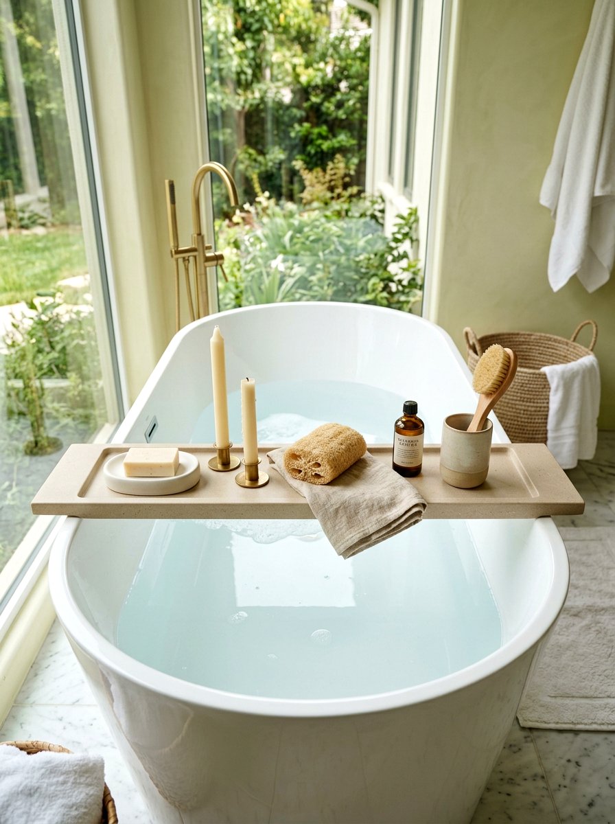 Neutral Bath Caddy Styling - 30 bath tray styling ideas
