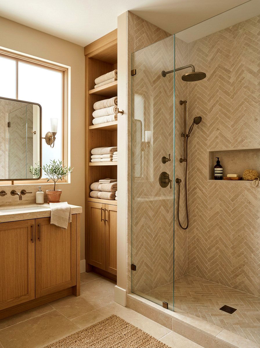 Neutral Beige Herringbone Shower - 30 herringbone shower tile ideas