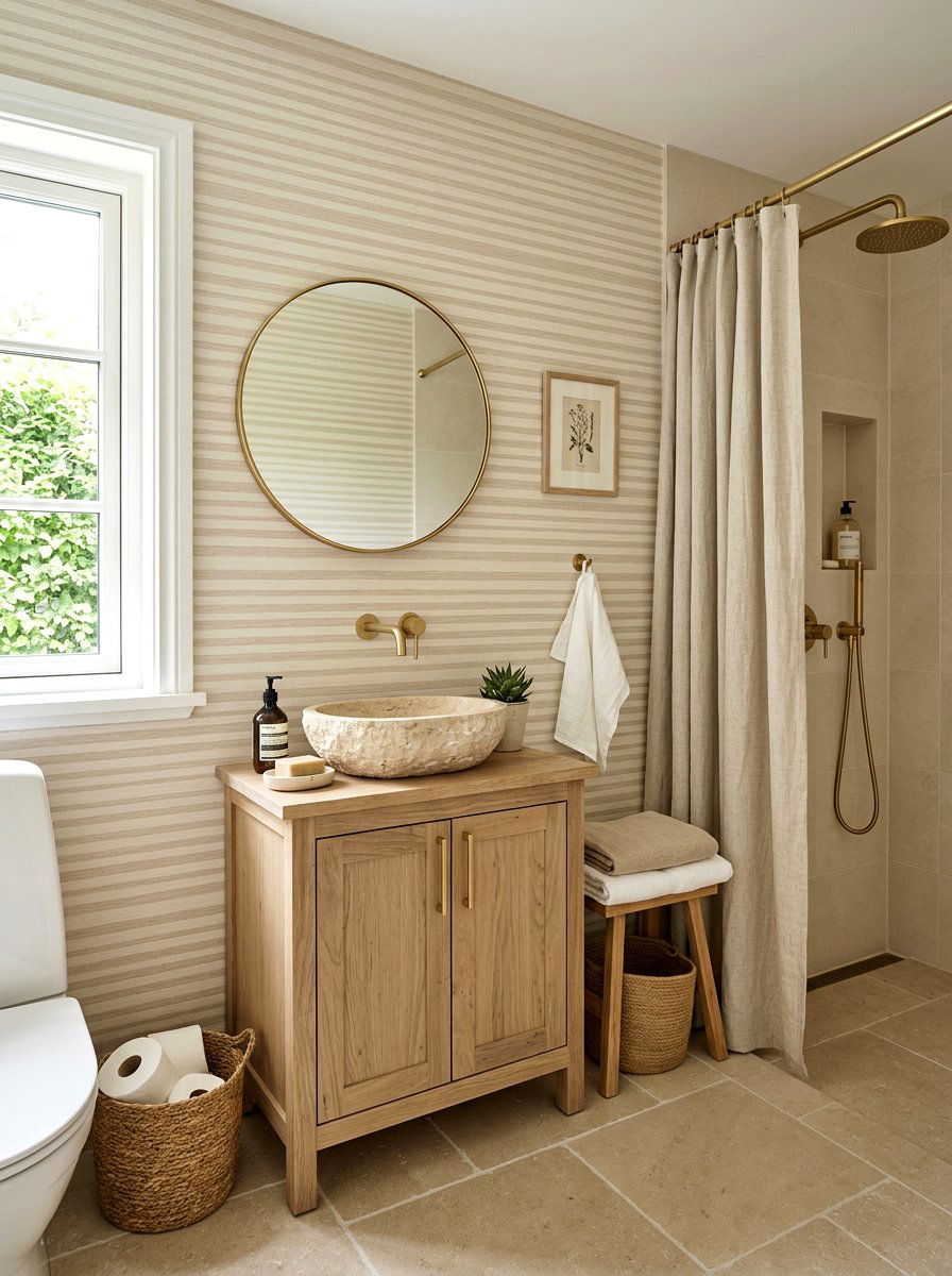 Neutral Beige Striped Small Bathroom - 30 striped bathroom wallpaper ideas