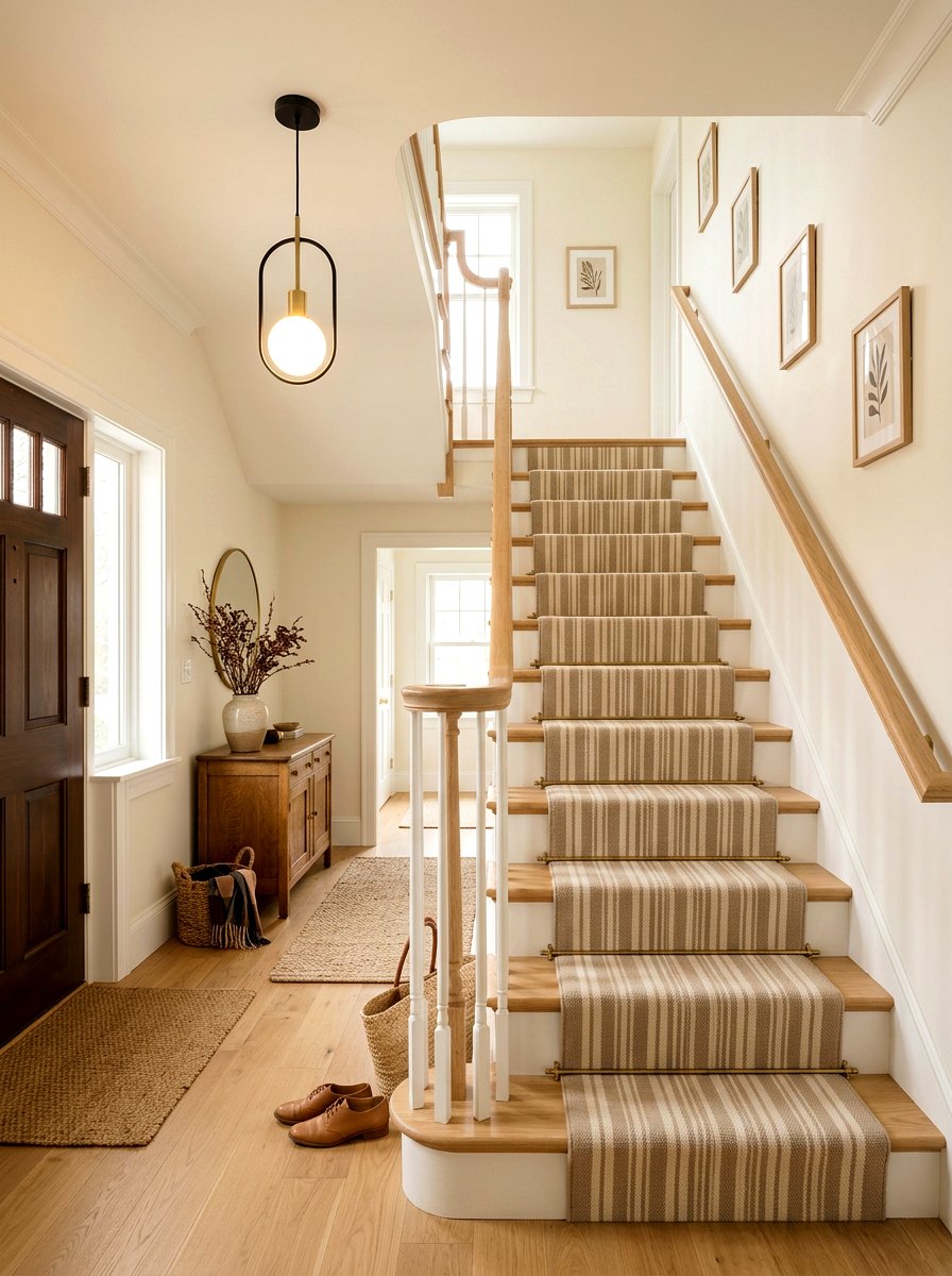 Neutral Beige Striped Stair Runner - 30 stair runner stripe ideas