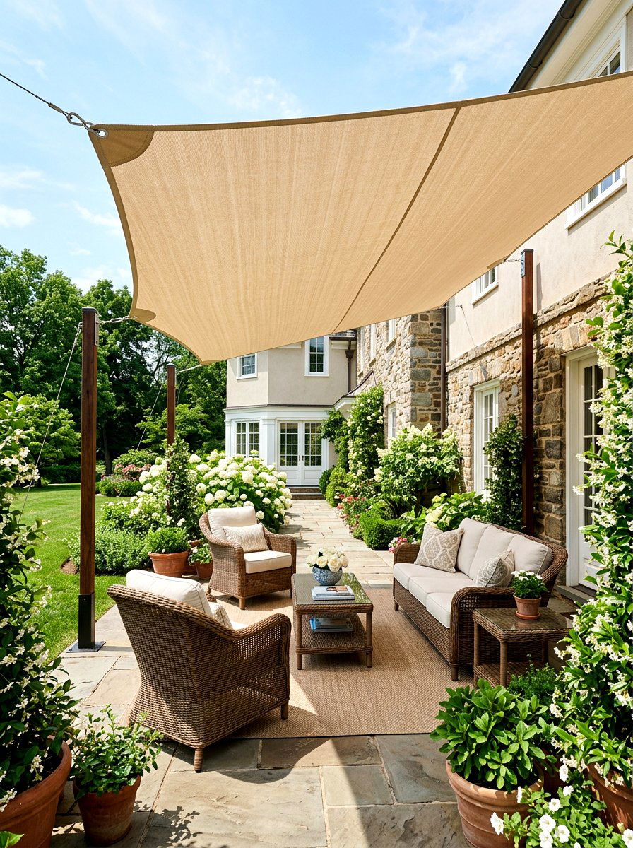 Neutral Beige Sun Sail - 30 sun sail patio ideas