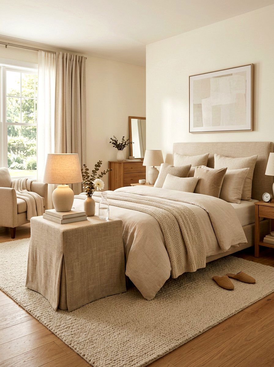 Neutral Beige Textured Table - 30 skirted nightstand ideas