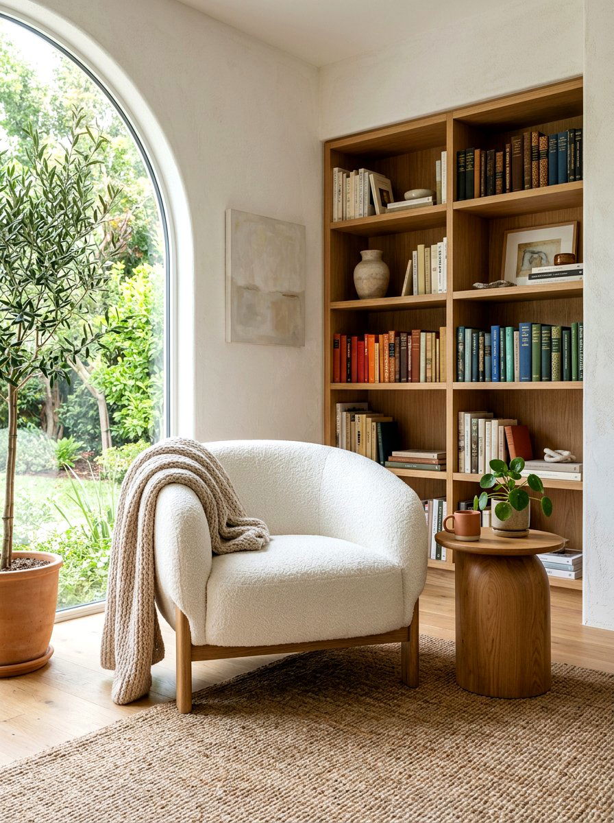 Neutral Boucle Armchair - 30 California casual living room ideas