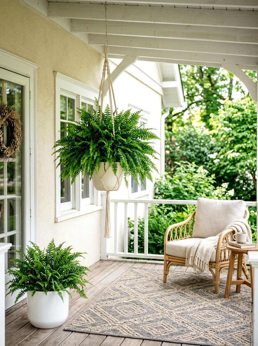 Neutral Color Porch Hanging Fern - 30 hanging fern porch ideas