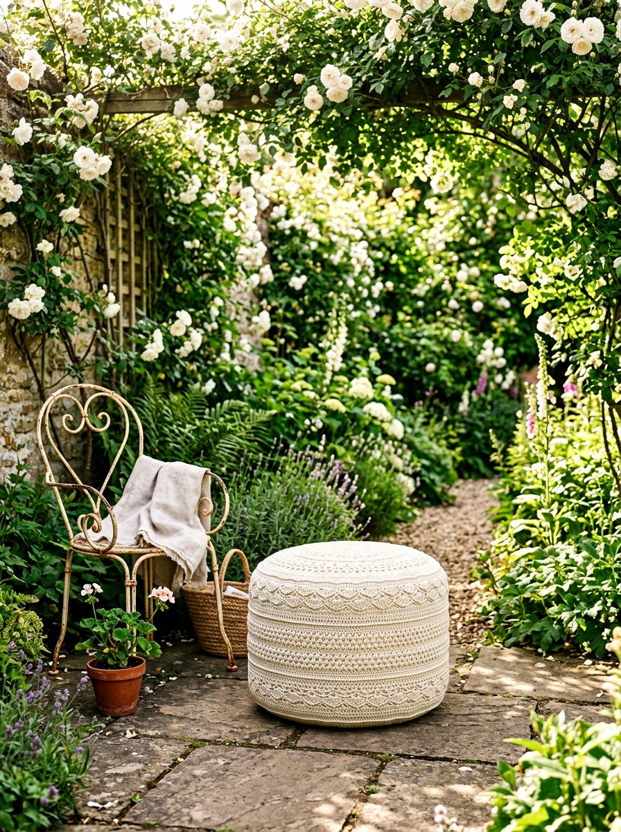 Neutral Cream Crochet Ottoman - 30 outdoor pouf ideas