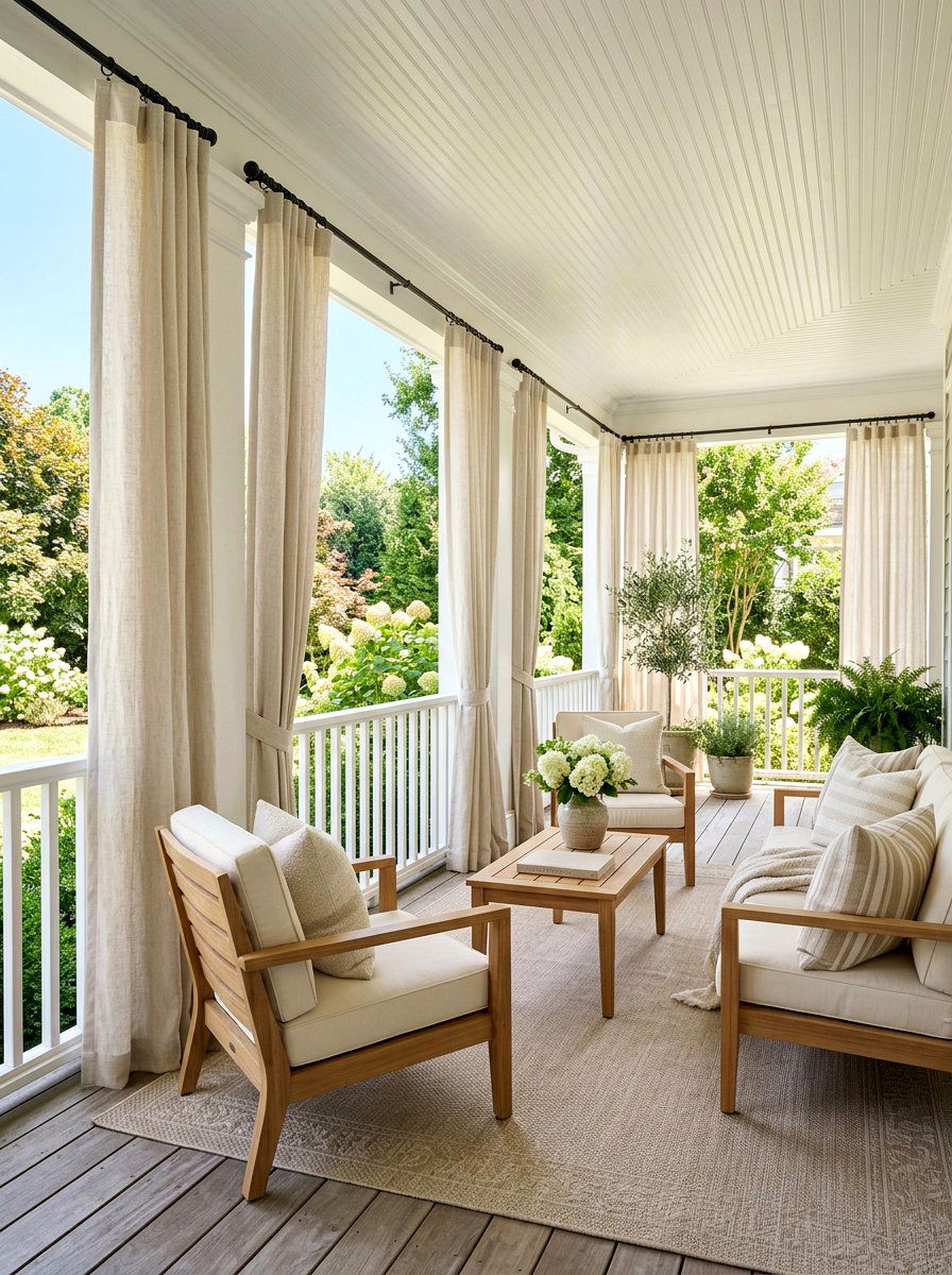 Neutral Cream Porch Cafe Curtains - 30 porch with cafe curtains ideas