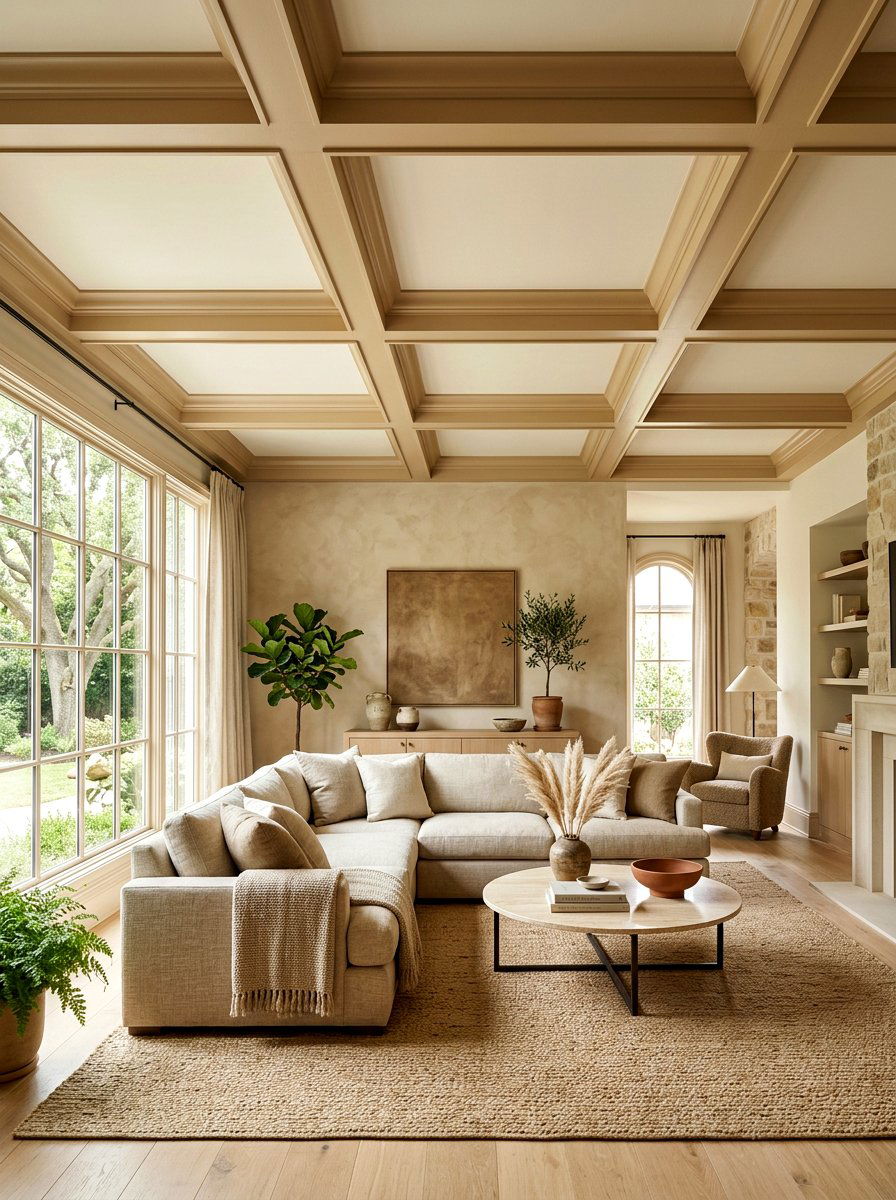 Neutral Earth Tone Coffered Ceiling Living Room - 30 coffered ceiling living room ideas