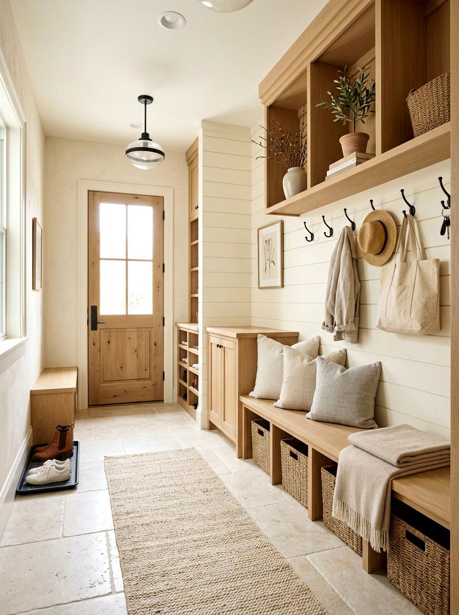 Neutral Farmhouse Mudroom - 30 farmhouse mudroom ideas