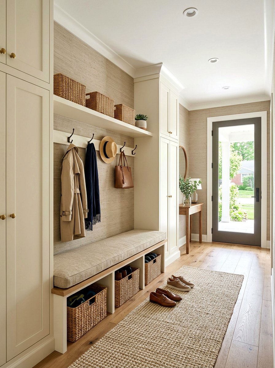 Neutral Grasscloth Mudroom Wallpaper - 30 mudroom wallpaper ideas
