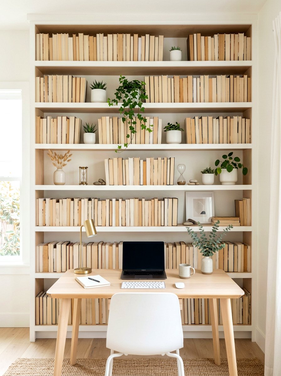 Neutral Home Office Bookshelf With Reversed Spines - 30 vintage book decor ideas