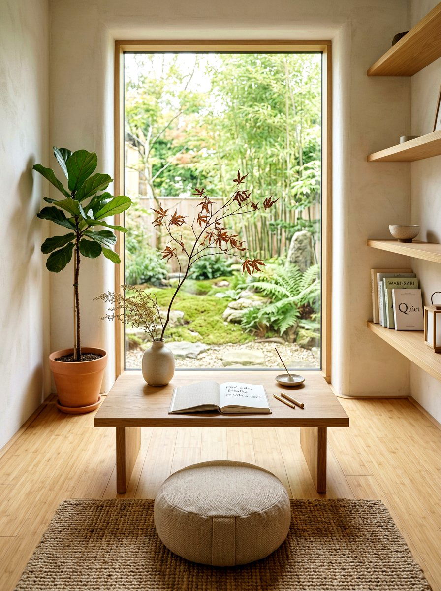 Neutral Japandi Meditation Nook - 30 journaling nook ideas