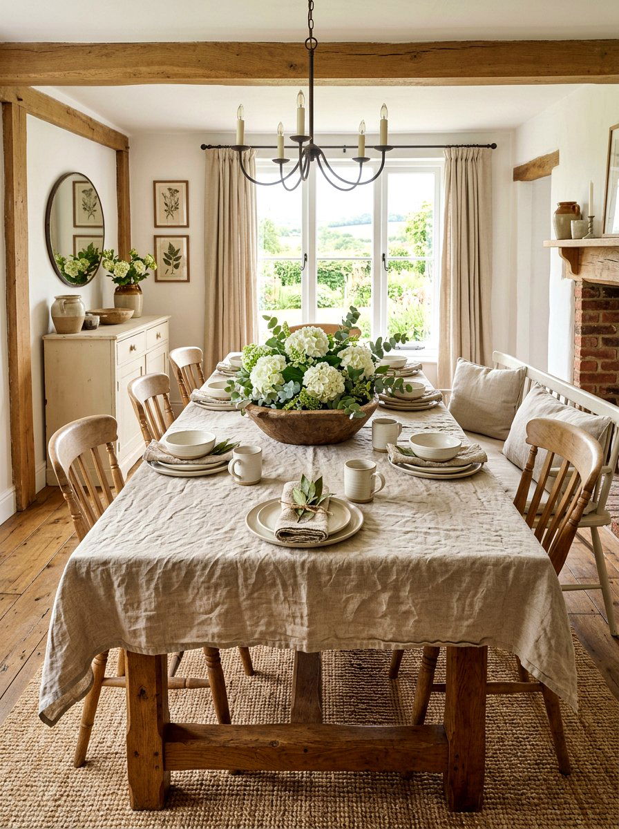Neutral Linen Farmhouse Dining - 30 layered tablescape dining ideas