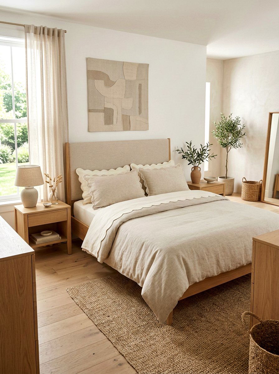 Neutral Linen Scalloped Bedding Look - 30 scalloped pillow bedding ideas