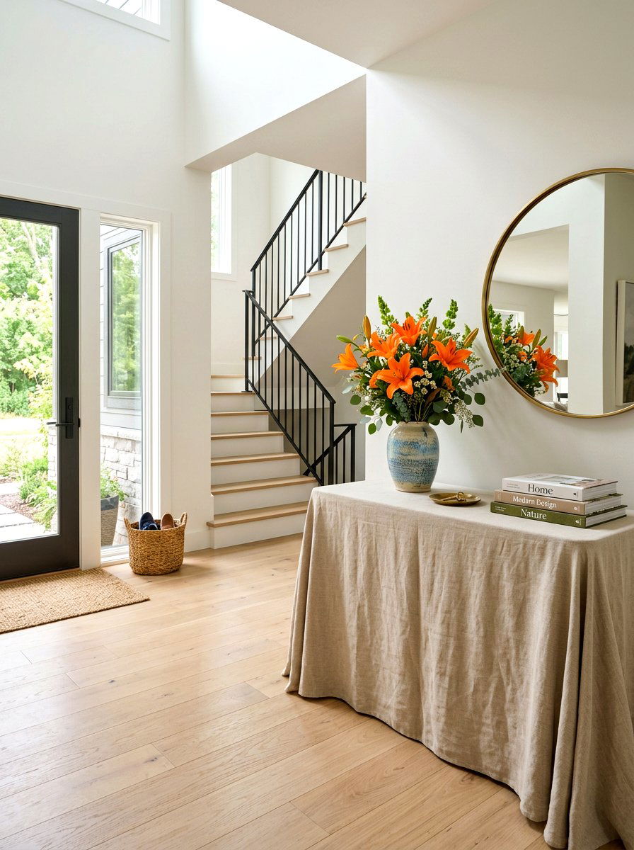 Neutral Linen Skirted Table - 30 skirted foyer table ideas