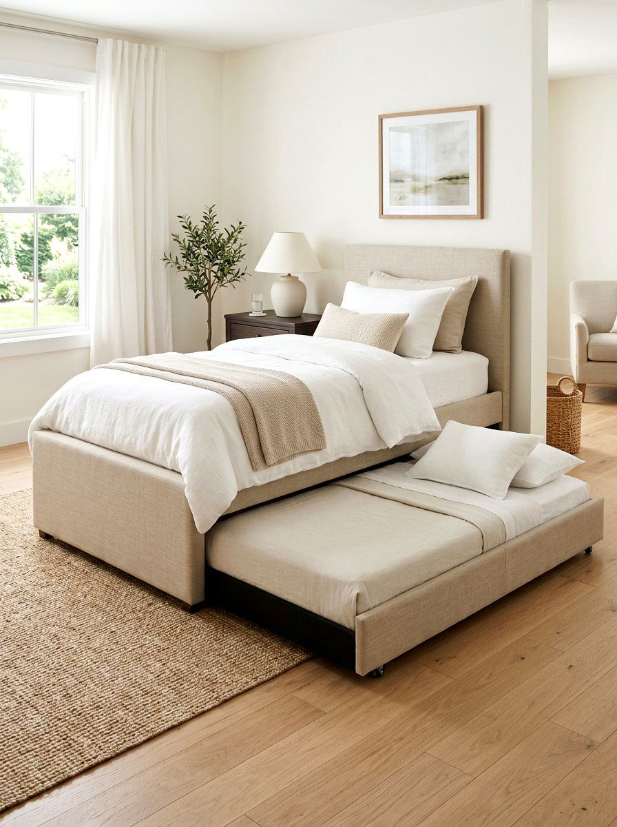 Neutral Linen Upholstered Trundle Bed - 30 trundle bed ideas