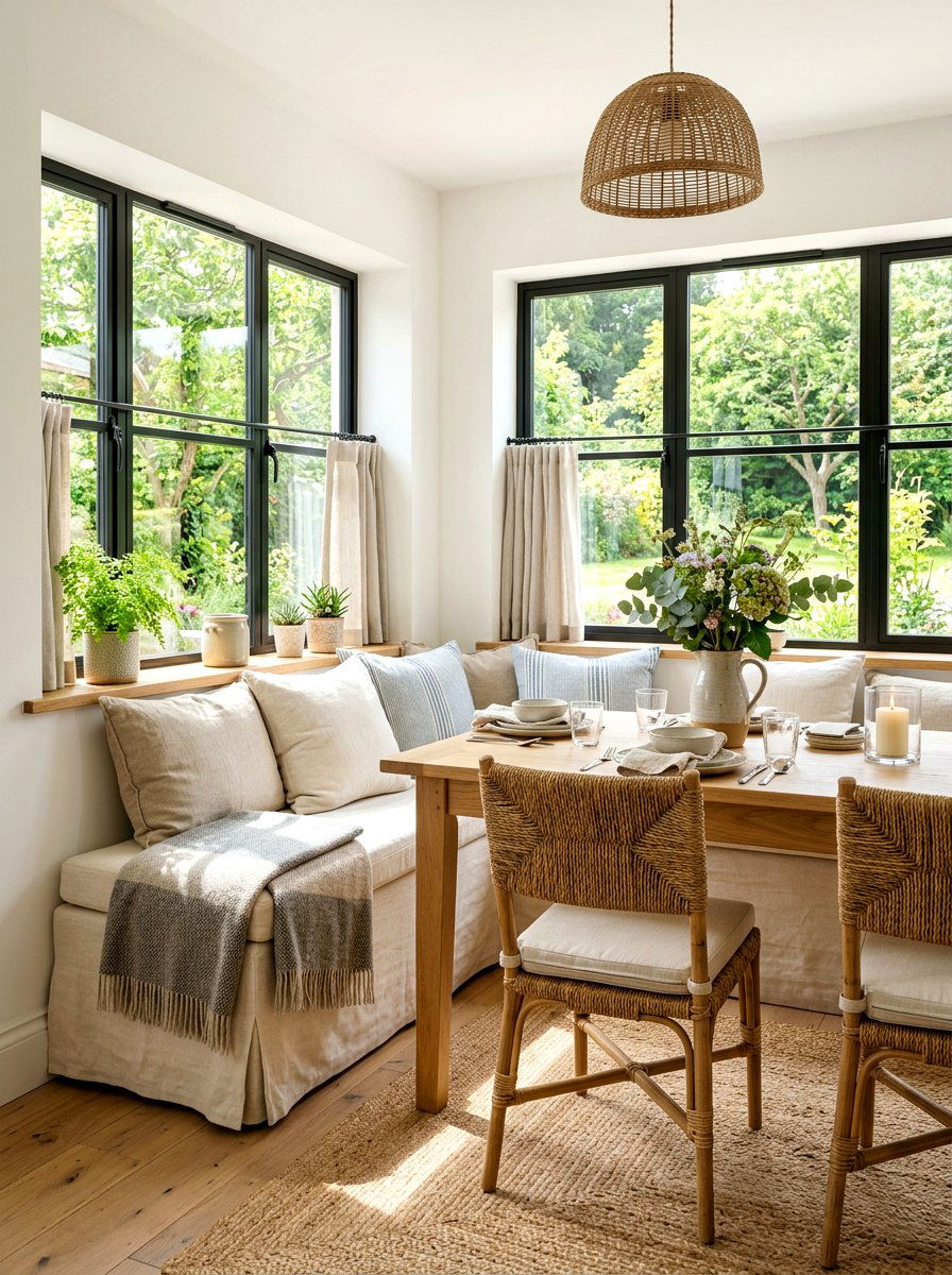 Neutral Linen Window Nook - 30 banquette window nook ideas