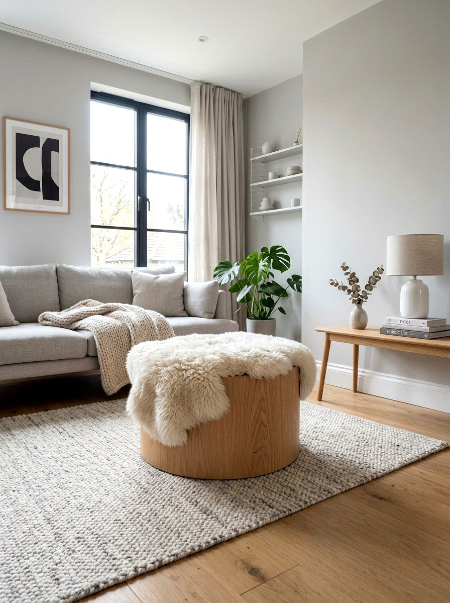Neutral Ottoman Sheepskin Throw - 30 living room ottoman styling ideas