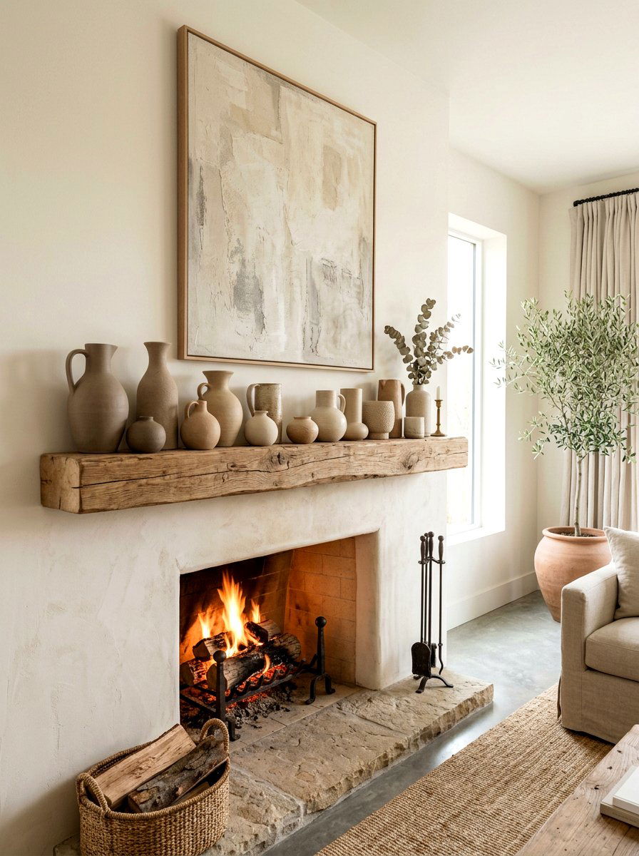 Neutral Pottery Mantel - 30 winter mantel decor ideas