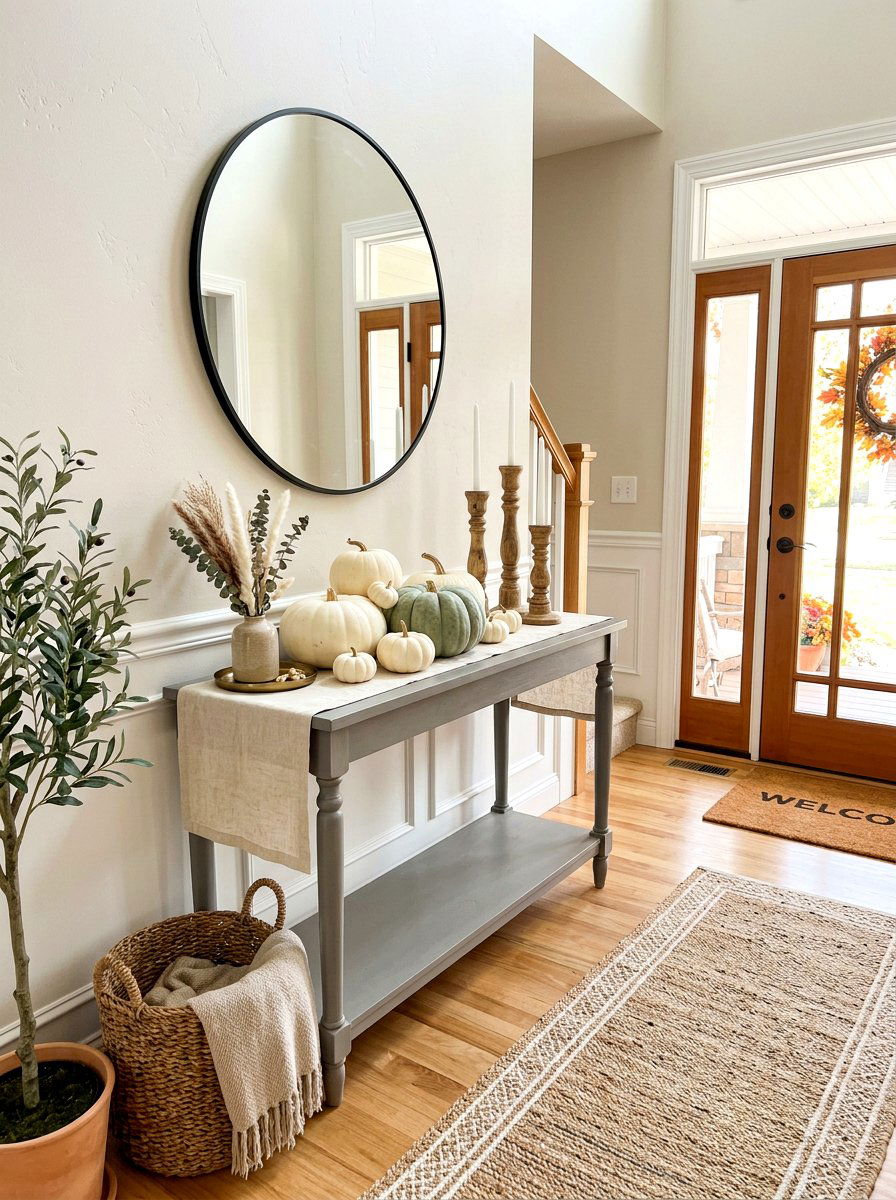 Neutral Pumpkin Foyer Decor - 30 Thanksgiving entry table ideas