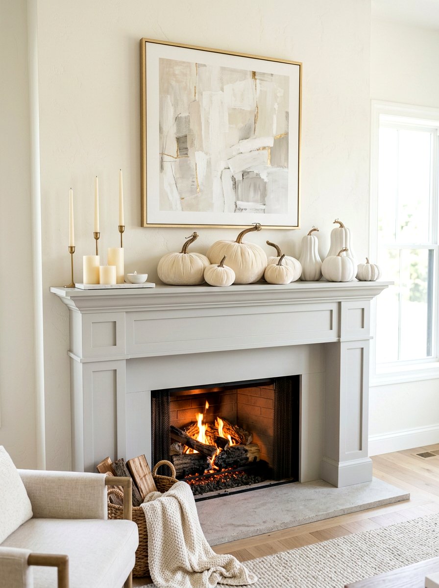 Neutral Pumpkin Layering - 30 fall mantel layering ideas