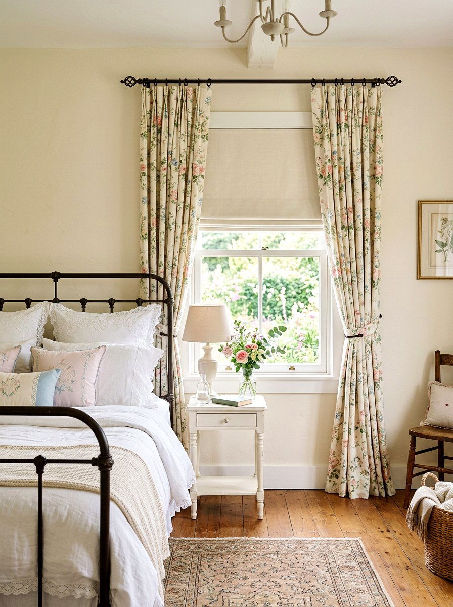 Neutral Roller Shade With Floral Curtains - 30 blind and curtain combo ideas