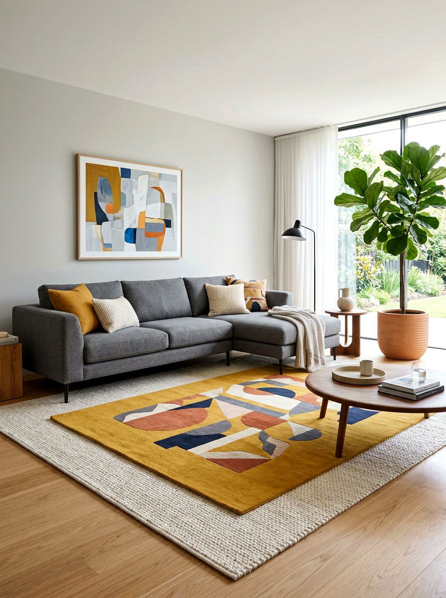 Neutral Rug With Colorful Rug - 30 layered rug ideas