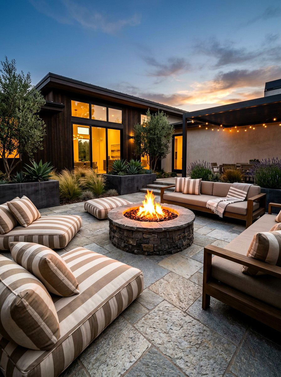 Neutral Stripe Modern Courtyard - 30 cabana stripe patio ideas