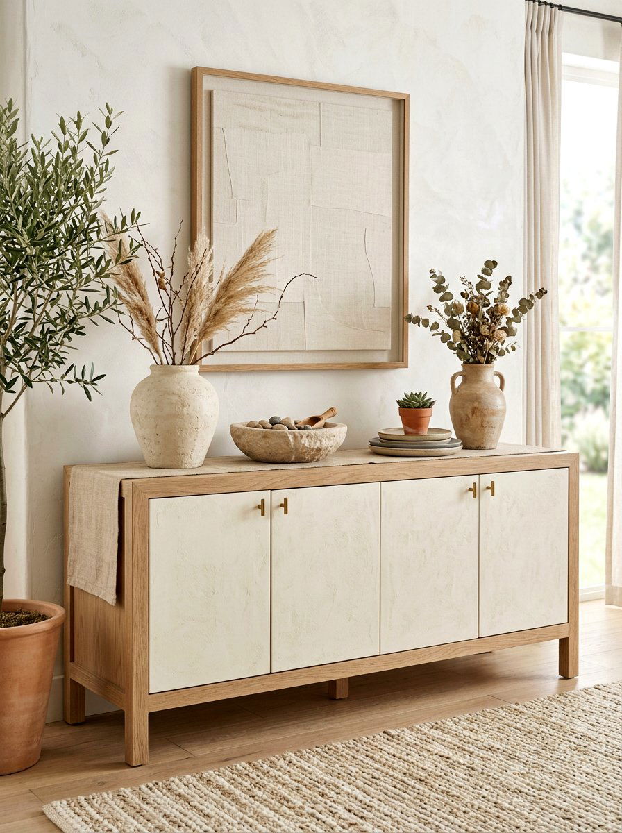 Neutral Textured Sideboard - 30 buffet table decor ideas
