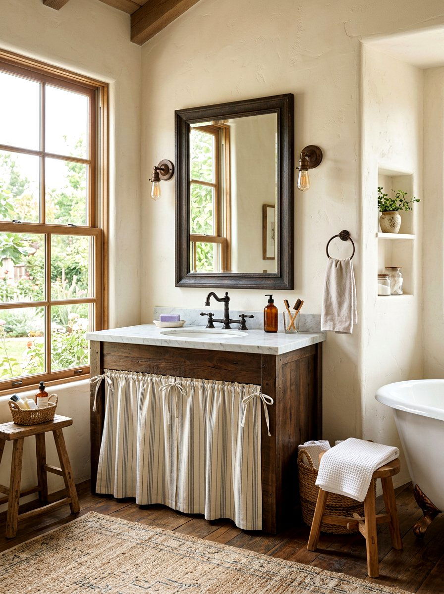 Neutral Ticking Stripe Sink - 30 skirted vanity ideas